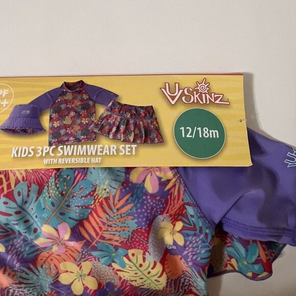 UV Skinz Kids 3 Pc Swimwear Set Hat Rashguard Top and Swim Skirt 12-18 M NWT - Picture 4 of 11